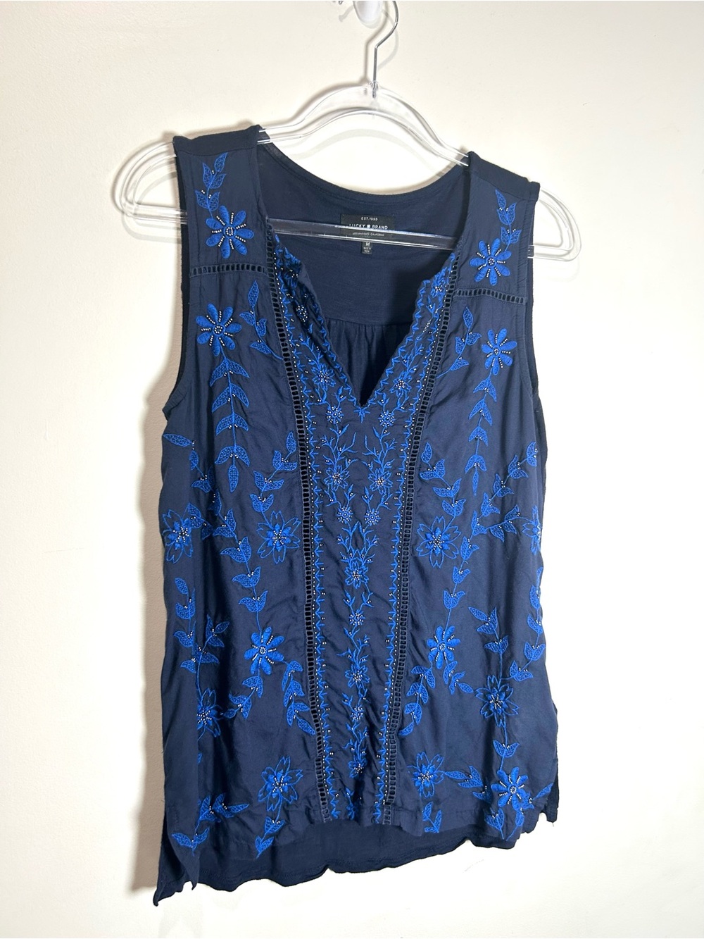 Lucky Brand Top Embroidered Beaded Boho Floral Tank Top Women M Blue Festival - Picture 5 of 11
